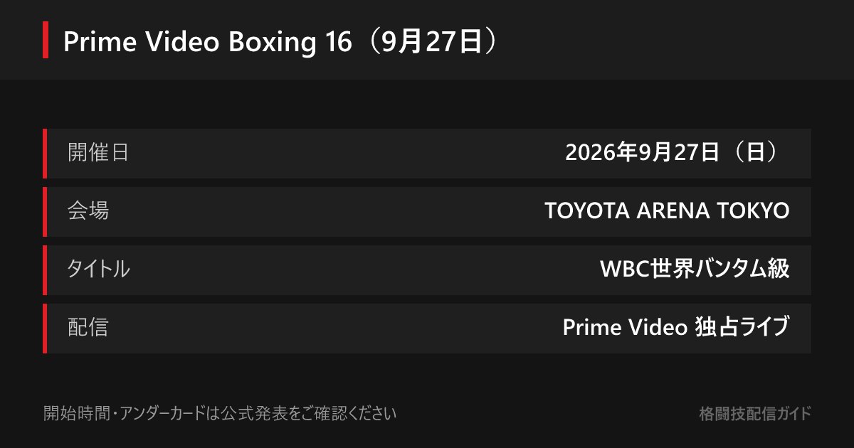 Prime Video Boxing 16は2026年9月27日にTOYOTA ARENA TOKYOで開催。WBC世界バンタム級タイトルマッチをPrime Videoが独占ライブ配信する
