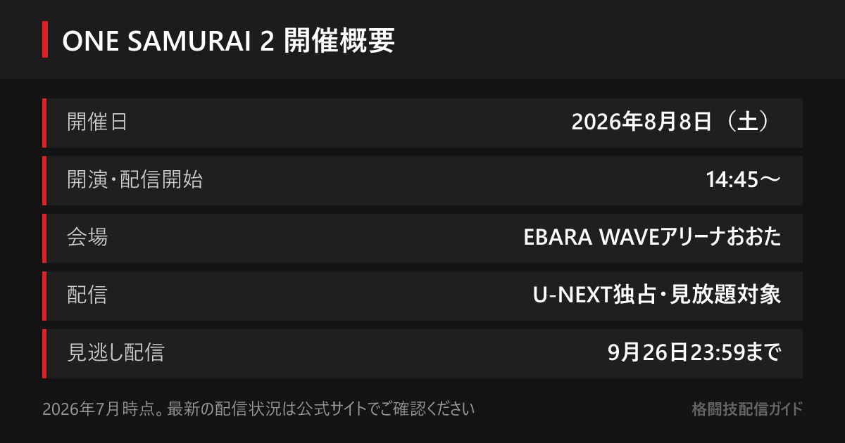 ONE SAMURAI 2は2026年8月8日(土)14:45開演。会場はEBARA WAVEアリーナおおたで、U-NEXTが独占ライブ配信し見放題対象。見逃し配信は9月26日23:59まで視聴できる